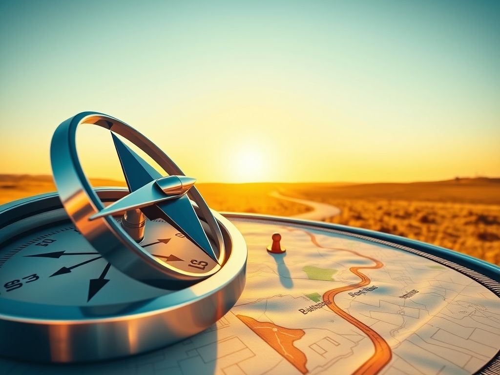 Uma bússola de negócios apontando para um horizonte claro e ensolarado, representando a direção e o sucesso de um plano de marketing.