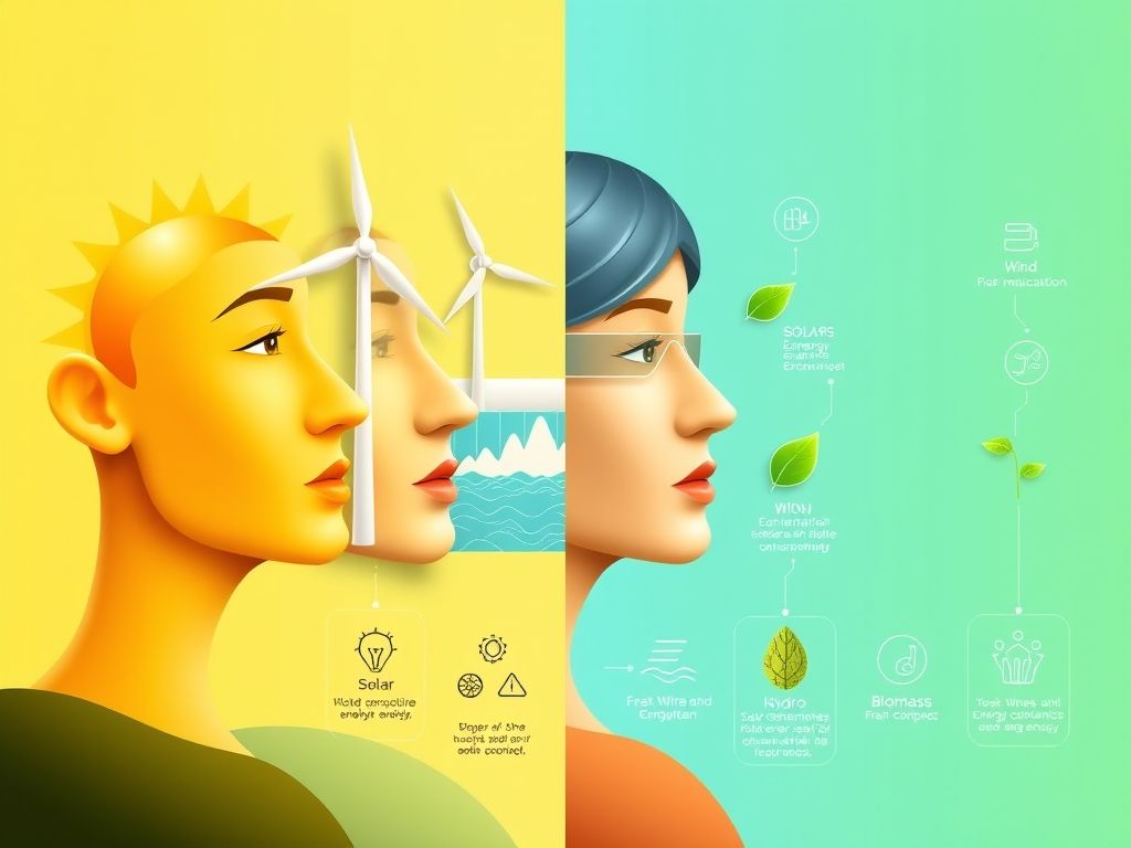 Infográfico comparando diferentes tipos de energia renovável, incluindo solar, eólica, hidrelétrica e biomassa, mostrando suas vantagens e desvantagens.