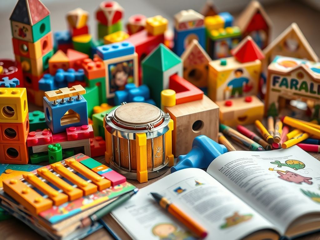 Seleção de brinquedos educativos para diferentes faixas etárias, incluindo blocos de montar, quebra-cabeças e instrumentos musicais.