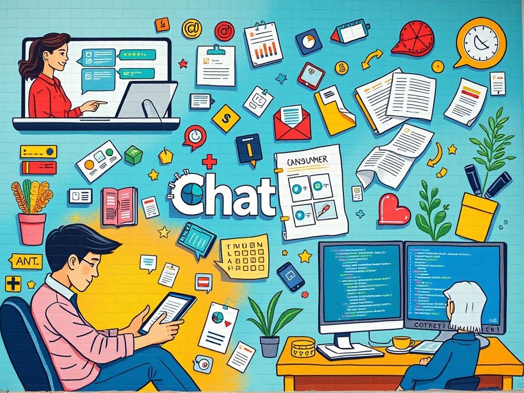 Colagem de exemplos de uso do ChatGPT em atendimento ao cliente, criação de conteúdo, educação e desenvolvimento de software.