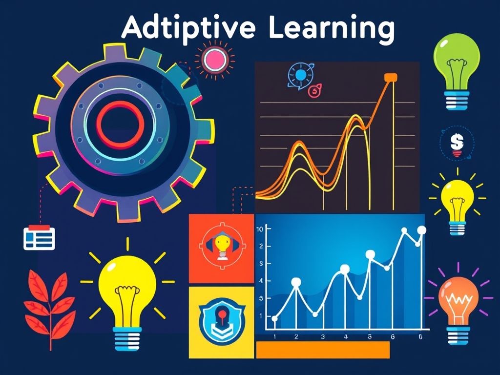 Colagem de ícones representando a personalização, o engajamento e o feedback imediato da aprendizagem adaptativa.