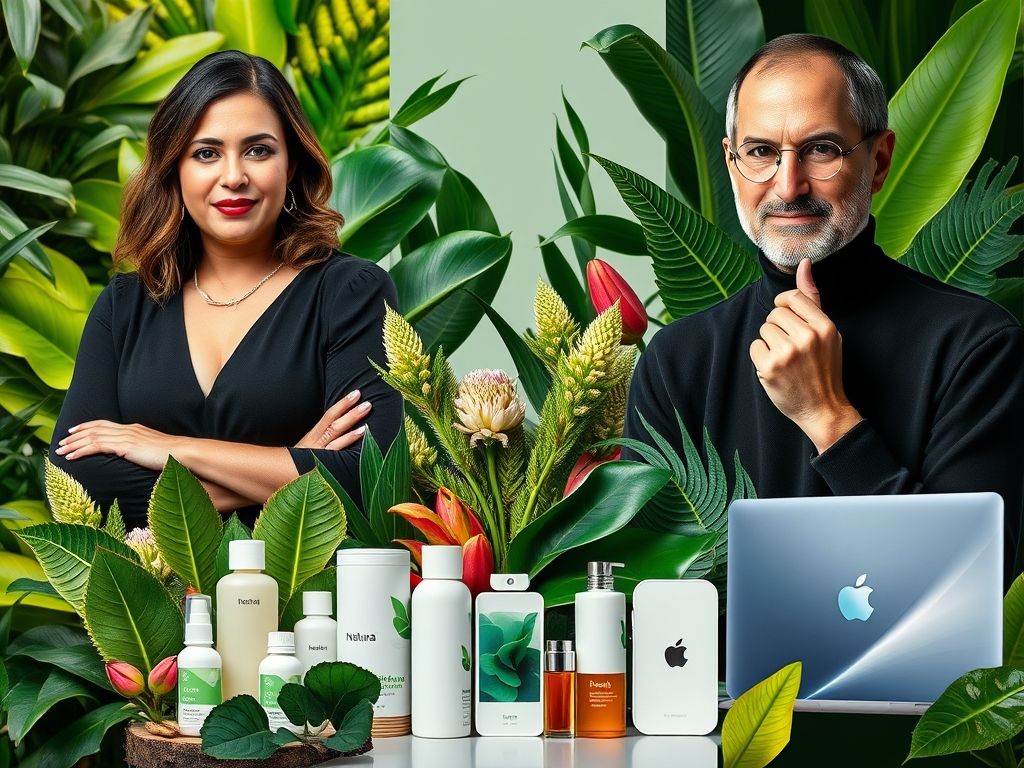 Colagem de imagens representando empresas de sucesso como Natura e Apple, e seus líderes Luiza Trajano e Steve Jobs.