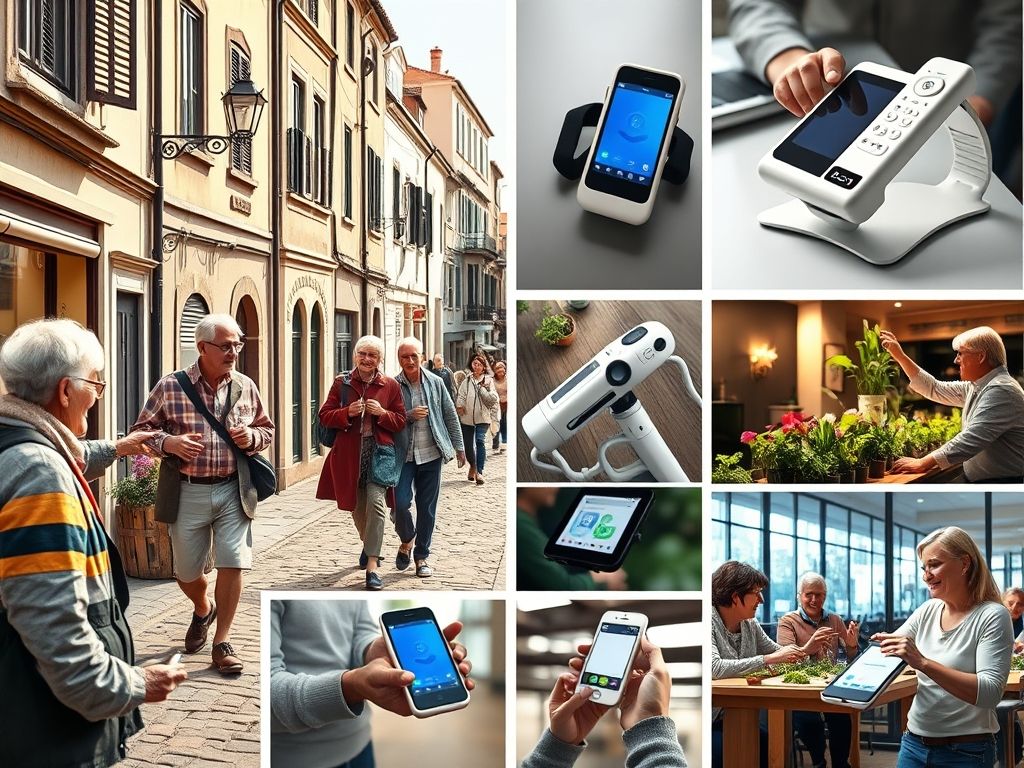 Colagem com exemplos de negócios e produtos da Silver Economy, como turismo sênior, smartphones adaptados e serviços de cuidadores.