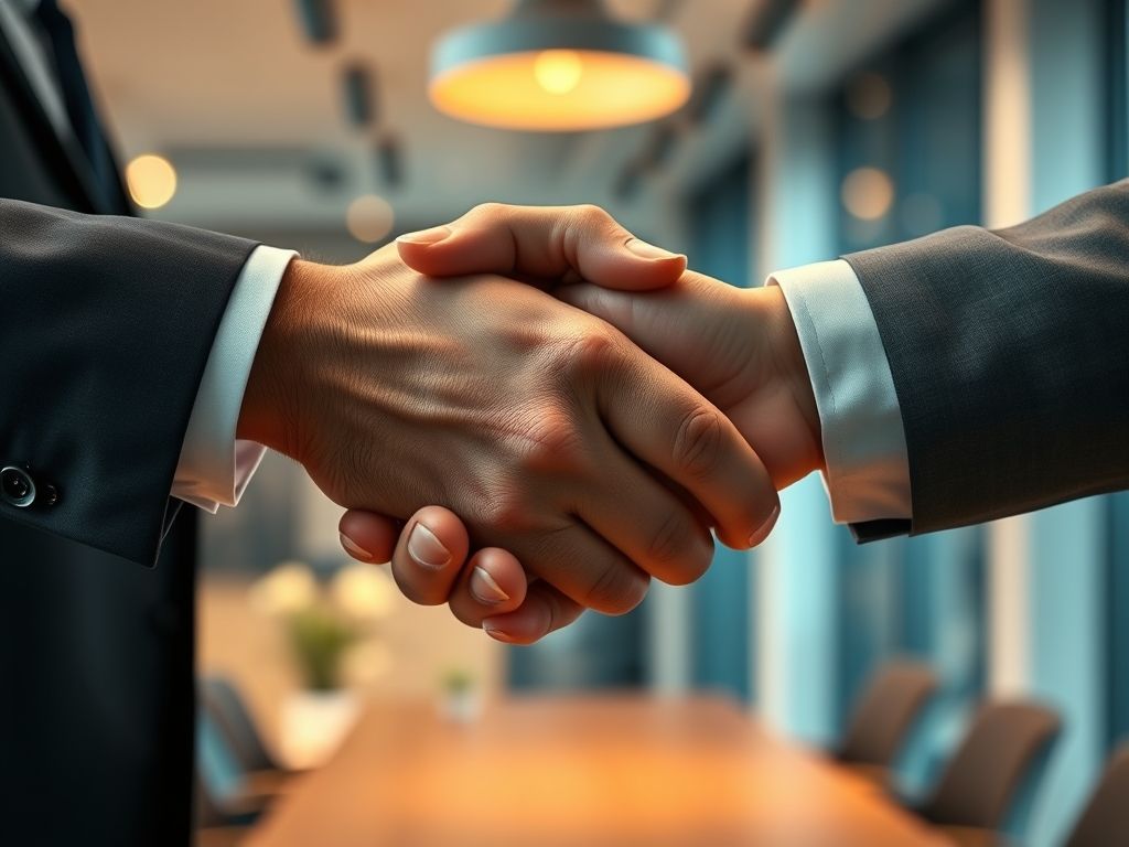 Aperto de mãos entre um apresentador e um investidor, simbolizando a conexão humana em um pitch.