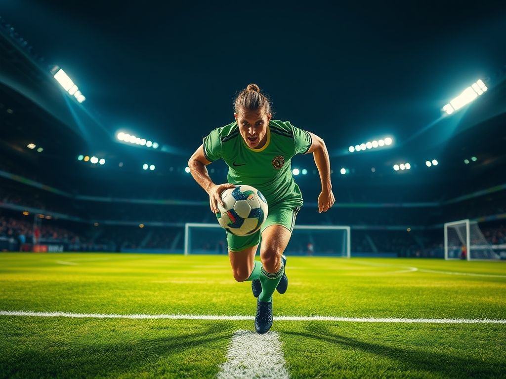 Jogador de futebol correndo em direção ao gol com determinação.