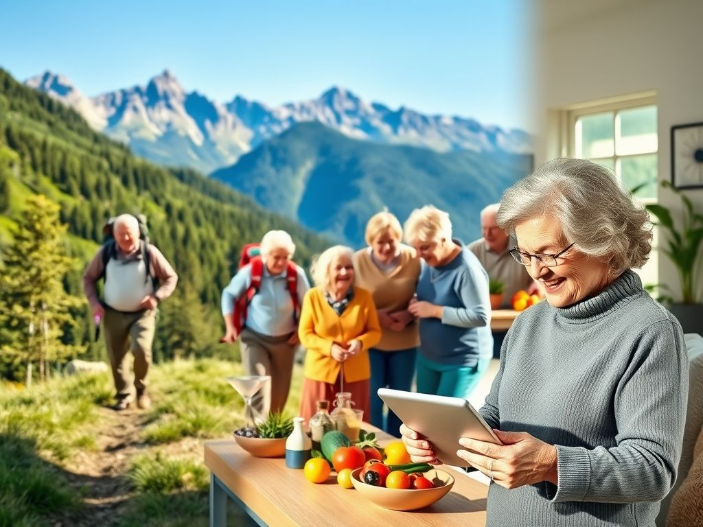 Grupo diverso de pessoas com mais de 50 anos desfrutando de atividades como trilha, aula de culinária e usando tablet moderno.