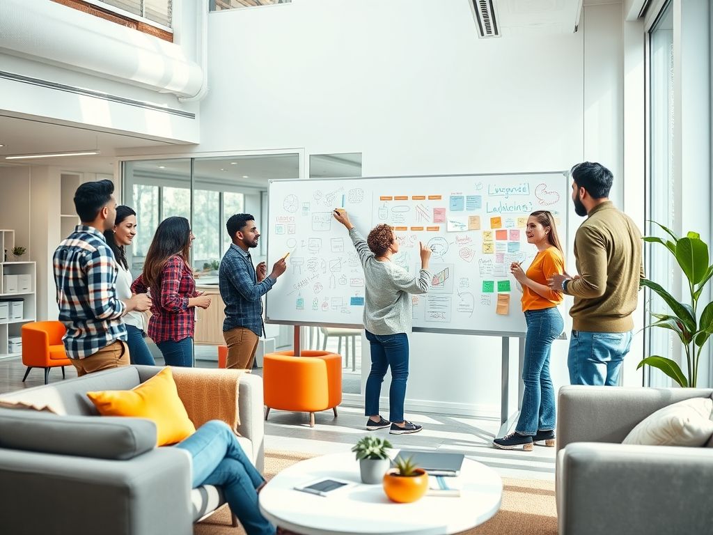 Grupo diverso de pessoas colaborando em um brainstorming em um escritório moderno.