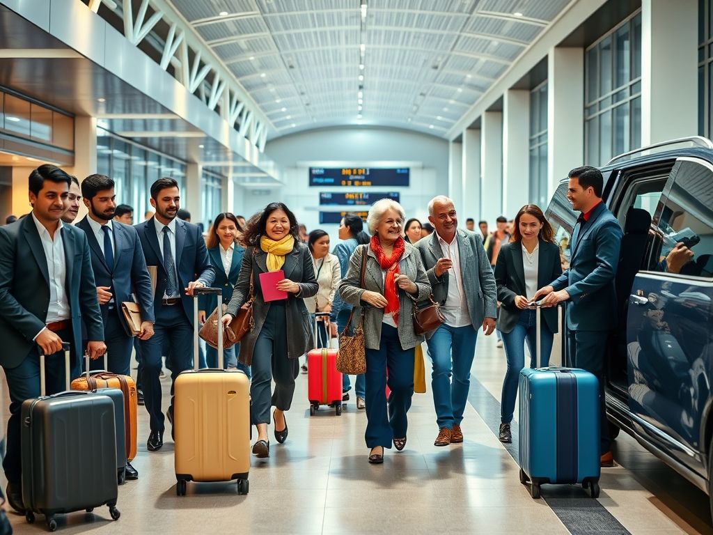 Pessoas de diferentes grupos (executivos, turistas, idosa e família) saindo do aeroporto e sendo recebidos por um motorista amigável.