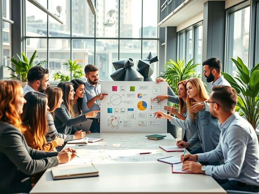 Profissionais diversos colaborando em uma sessão de brainstorming em um escritório moderno.