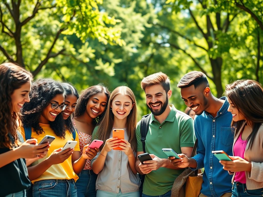 Jovens interagindo com smartphones em um parque, equilibrando o uso da tecnologia com a interação presencial.