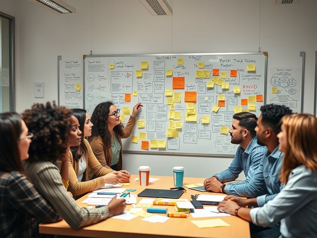 Equipe diversa em brainstorming com um líder facilitador, trocando ideias em um quadro branco.