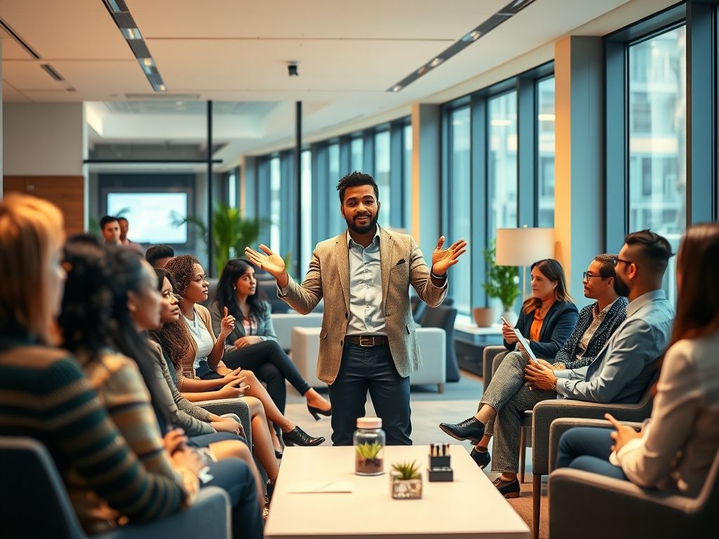 Uma pessoa apresentando um pitch de negócios para um grupo de investidores em um ambiente de escritório moderno.