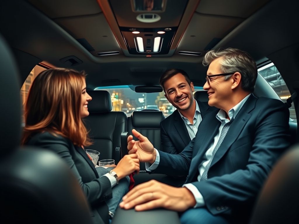 Motorista simpático e profissional interagindo positivamente com um passageiro.