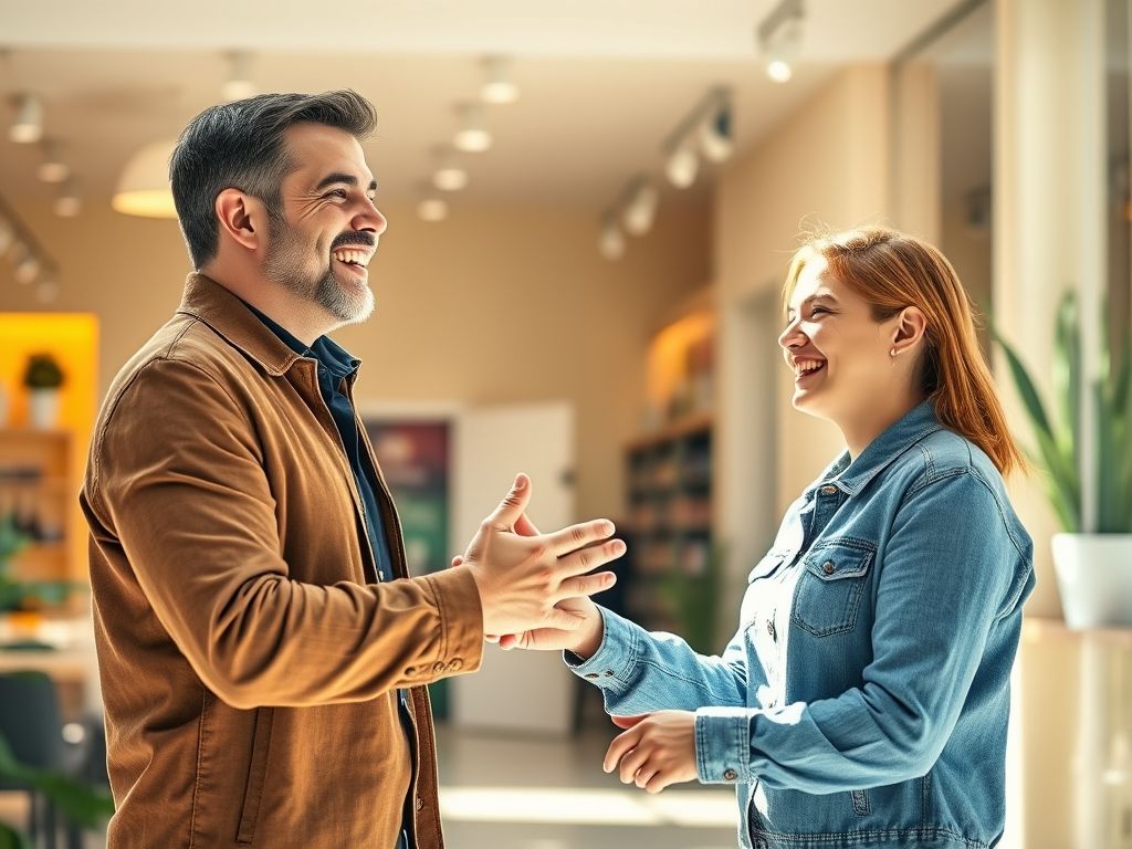 Um empresário amigável apertando a mão de um cliente satisfeito. O cliente está sorrindo e segurando um produto ou serviço oferecido pela empresa.