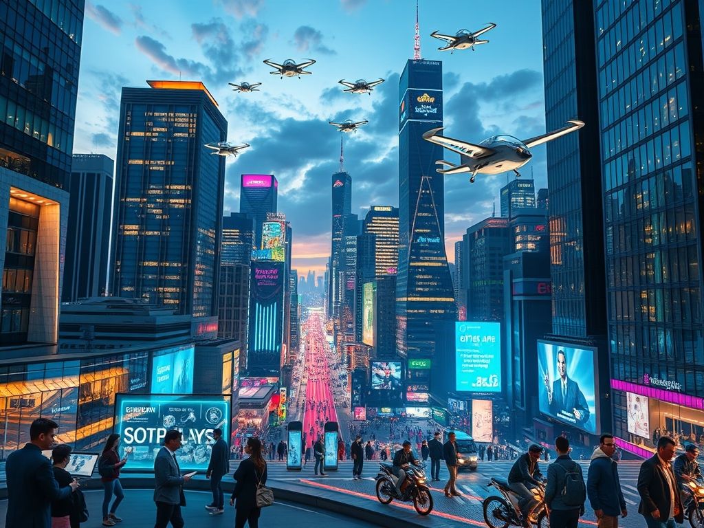 Cidade futurista mostrando serviços governamentais digitais e cidadãos interagindo com tecnologia.