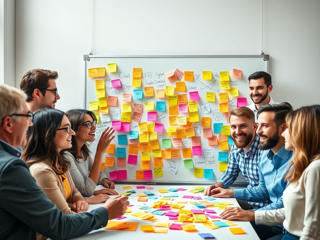 Um grupo diversificado de profissionais fazendo brainstorming em torno de um quadro branco coberto de post-its com ideias. Algumas notas estão riscadas, representando tentativas fracassadas, mas a atmosfera geral é positiva e colaborativa.