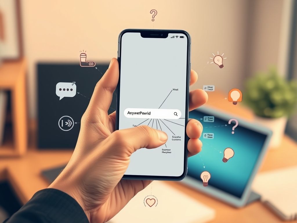Utilizando o AnswerThePublic no celular para gerar ideias de conteúdo para diversas plataformas.