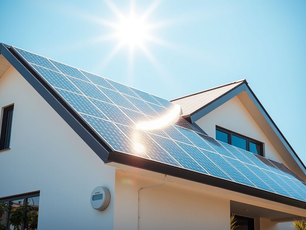 Casa moderna com painéis solares no telhado, um medidor inteligente e um ambiente verde, representando a adoção de energia renovável em residências.