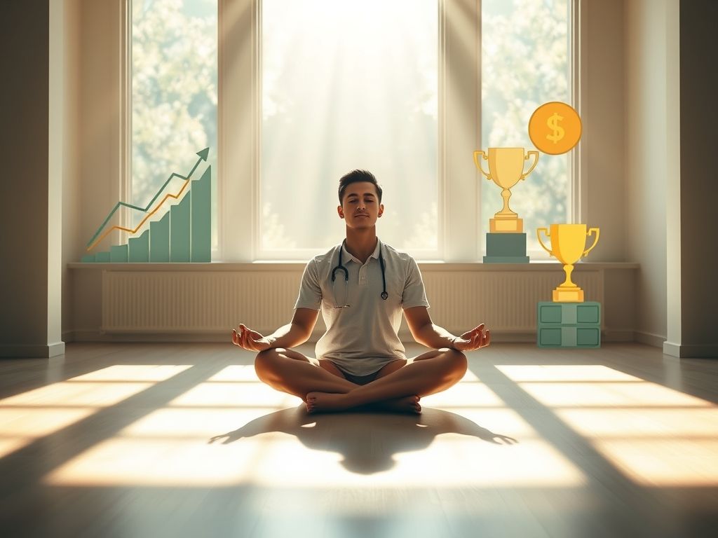 Uma pessoa meditando e visualizando o sucesso financeiro e o crescimento de sua empresa.