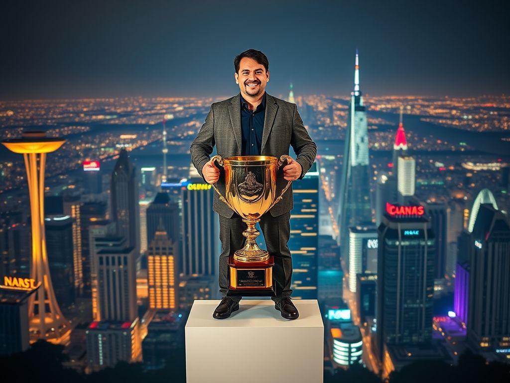 Pessoa no pódio segurando um troféu, simbolizando sucesso na carreira.