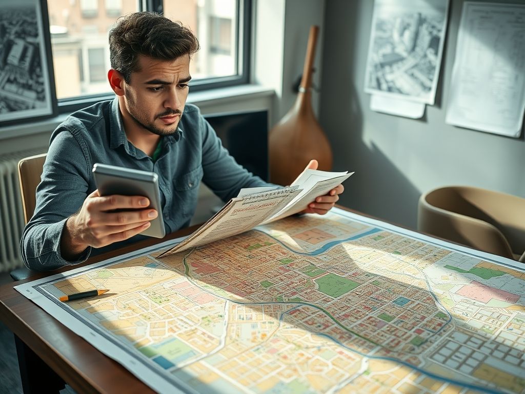 Uma pessoa estudando um mapa da cidade, analisando diferentes bairros e calculando os custos de vida para tomar uma decisão financeira informada.