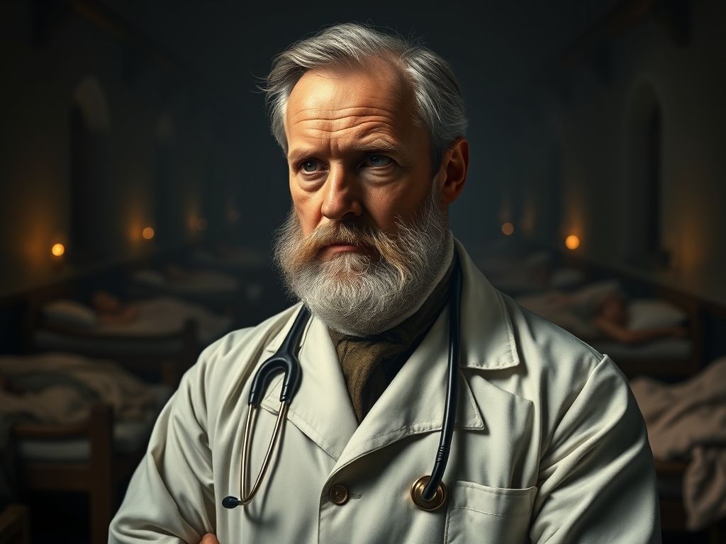 Retrato de Ignaz Semmelweis no século XIX, vestido com roupas médicas, com um olhar pensativo e preocupado. Ao fundo, uma enfermaria de hospital mal iluminada com mulheres em camas.