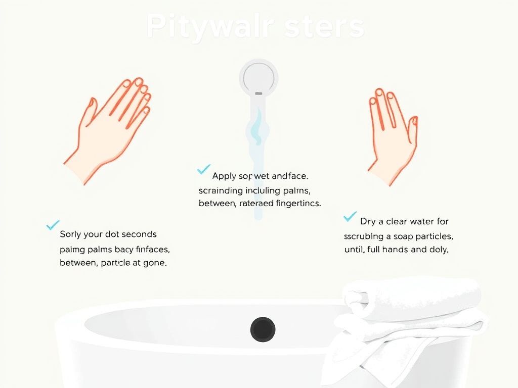 Uma ilustração simples e clara demonstrando os passos corretos para lavar as mãos, incluindo molhar as mãos, aplicar sabão, esfregar todas as superfícies por 20 segundos, enxaguar e secar com uma toalha limpa.