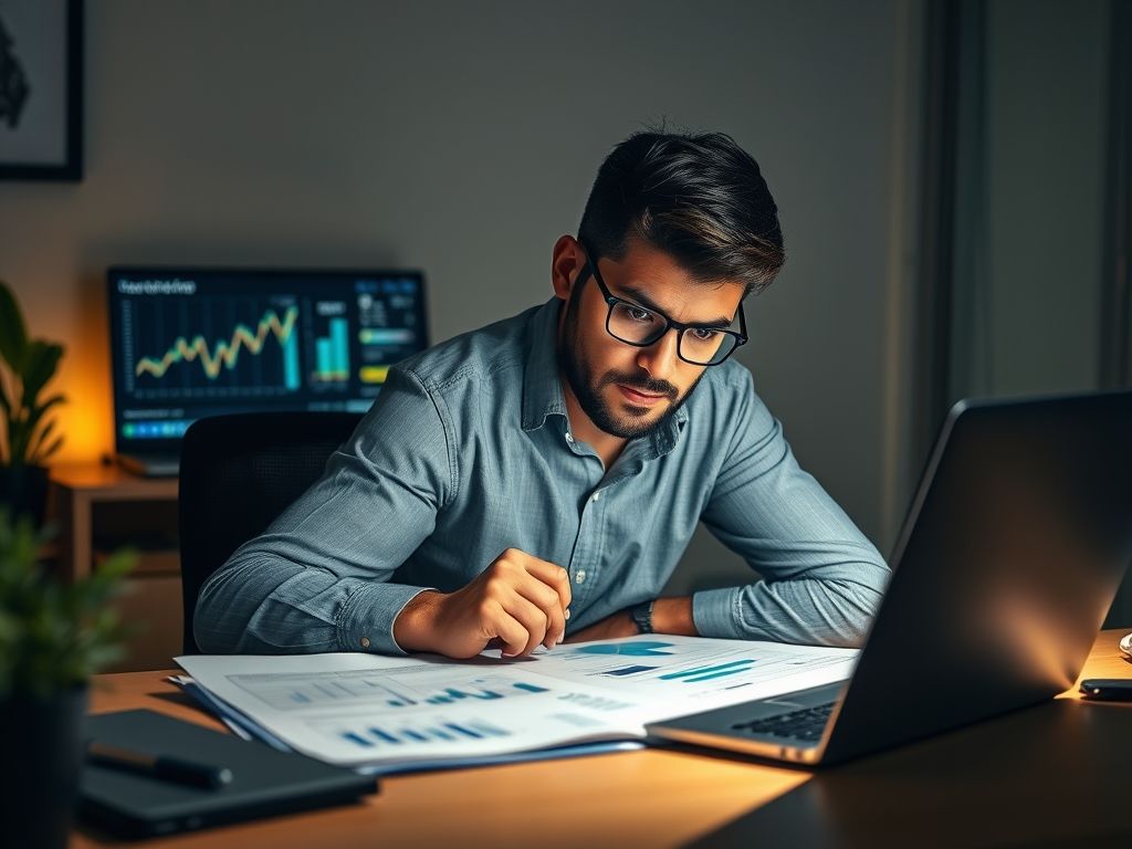 Empresário analisando atentamente um relatório DRE em sua mesa, com um laptop exibindo gráficos financeiros ao fundo.