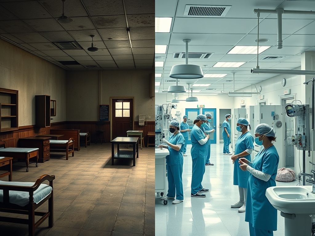 Uma imagem dividida. De um lado, uma enfermaria de hospital do século XIX com altas taxas de mortalidade devido à febre puerperal. Do outro lado, uma enfermaria de hospital moderna com médicos e enfermeiras lavando as mãos diligentemente.