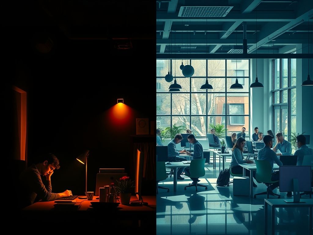 Comparativo entre um ambiente de trabalho negativo e um ambiente de trabalho positivo.