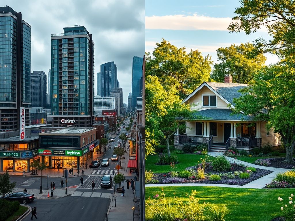 Comparação visual entre a vida em um bairro central movimentado e um bairro suburbano tranquilo, destacando as diferenças no estilo de vida e nos custos.