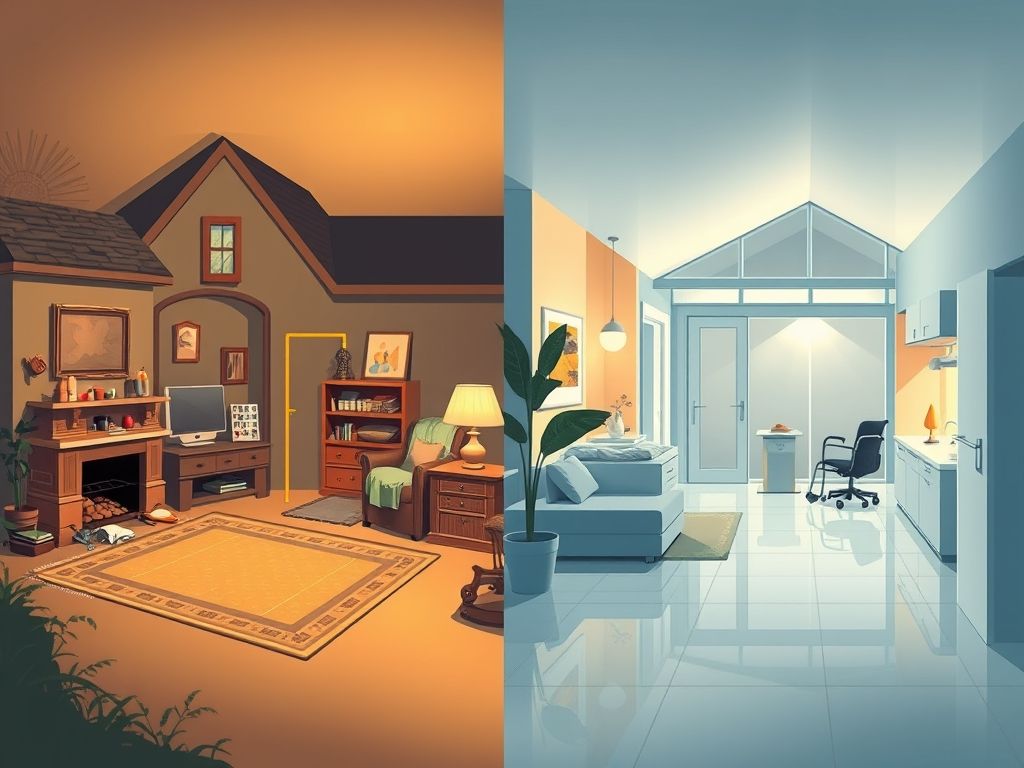 Comparativo entre uma casa tradicional com riscos para idosos e uma casa adaptada com recursos de segurança e acessibilidade.