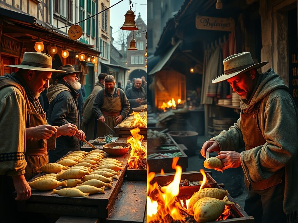 Imagem dividida mostrando a disputa entre Bélgica e França pela invenção da batata frita: pescadores belgas no século XVII e vendedores parisienses no século XVIII.