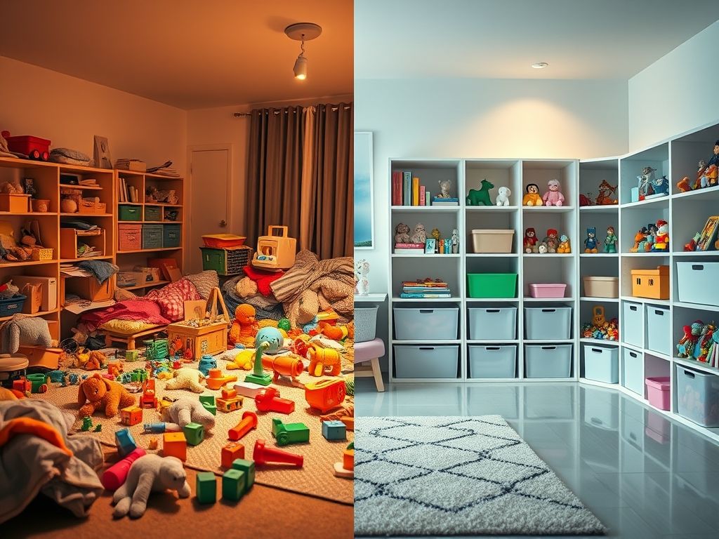 Comparativo entre uma brinquedoteca desorganizada e uma brinquedoteca limpa e organizada.