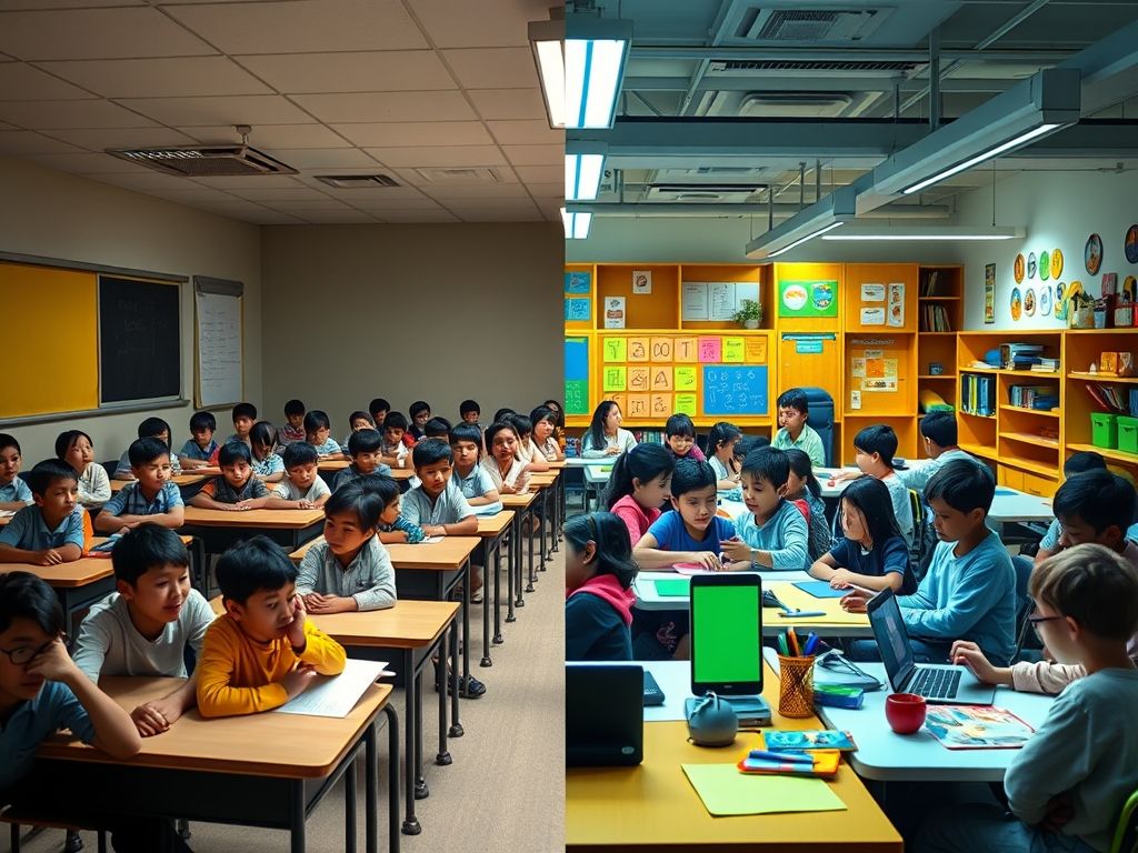 Comparação visual entre uma sala de aula tradicional e um ambiente de aprendizagem adaptativa, mostrando o contraste entre os métodos.