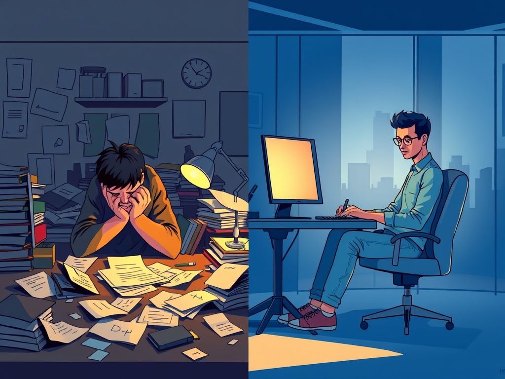 Comparação entre a dificuldade de escrever manualmente e a facilidade de gerar texto com o ChatGPT.