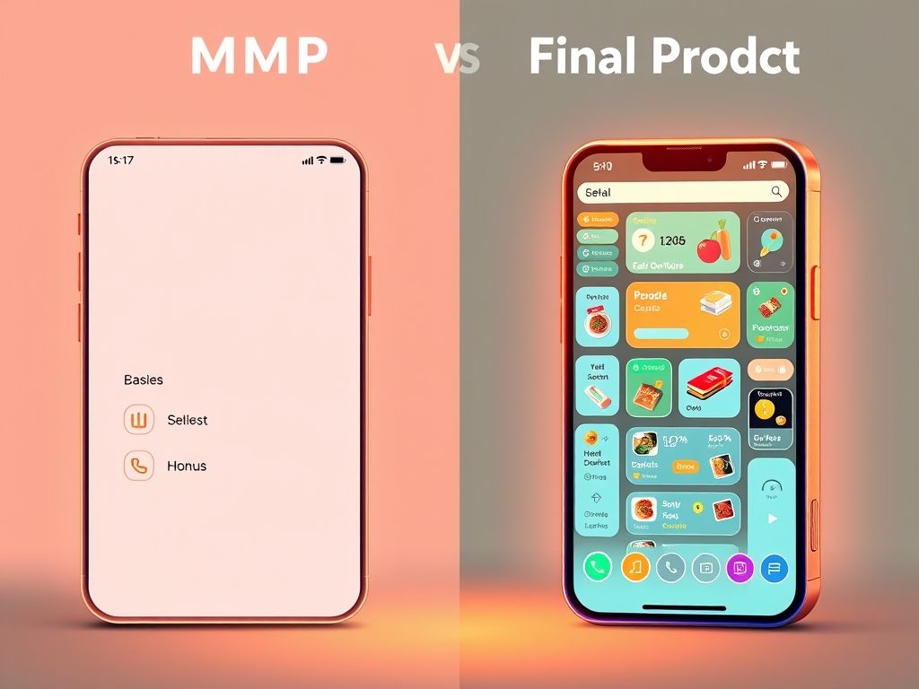 Imagem comparando a interface de um aplicativo de entrega de comida em versão MVP e em versão final.