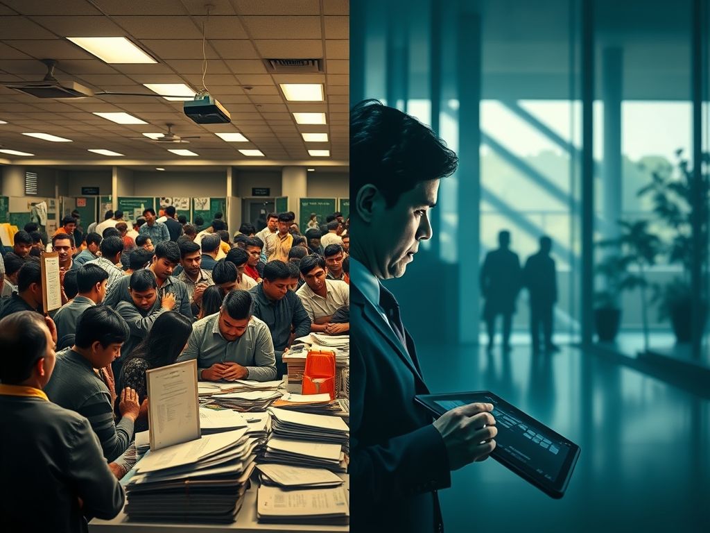 Comparativo entre um serviço público burocrático e um serviço público facilitado pela tecnologia.