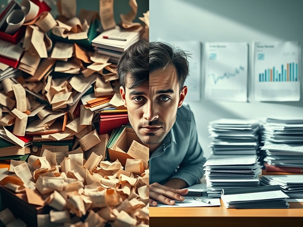 Imagem comparando a gestão financeira caótica sem a DRE e a gestão organizada e clara com a DRE.