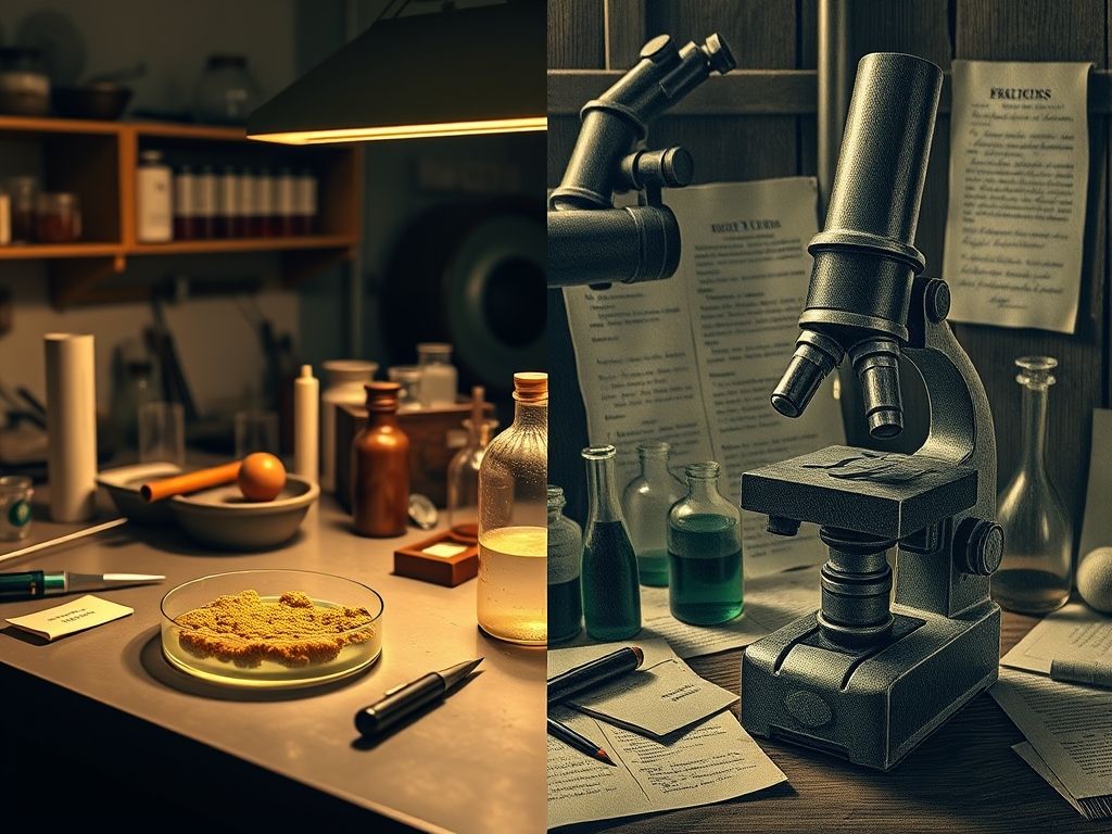 Imagem dividida mostrando a descoberta da penicilina e dos raios-x.