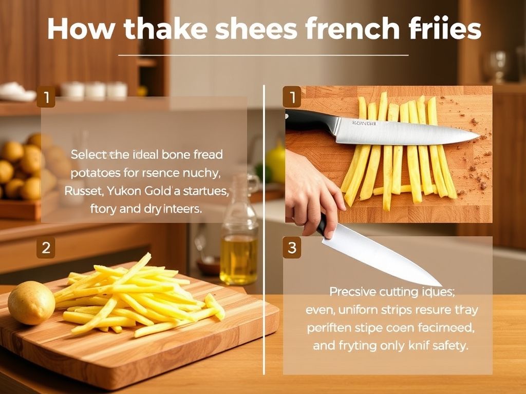 Guia visual passo a passo de como fazer batata frita caseira perfeita: escolha da batata, corte, fritura em duas etapas e tempero.