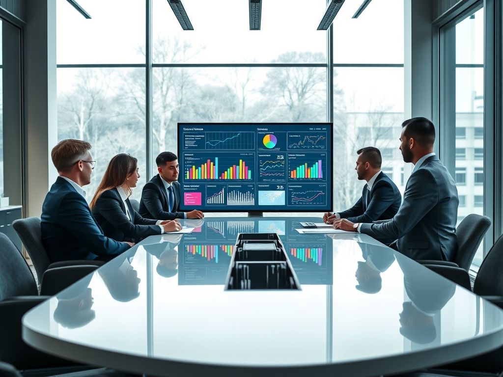 Executivos reunidos em uma reunião estratégica, analisando dados e planejando ações.