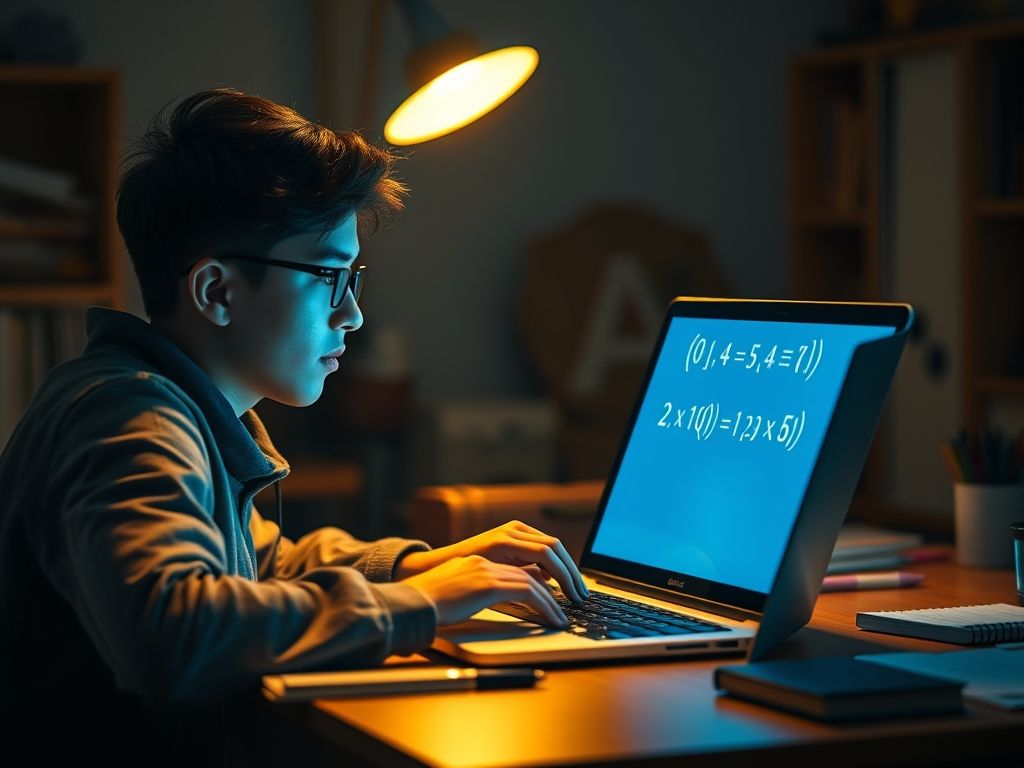 Aluno estudando em um laptop com uma equação complexa na tela, demonstrando a personalização da aprendizagem adaptativa.