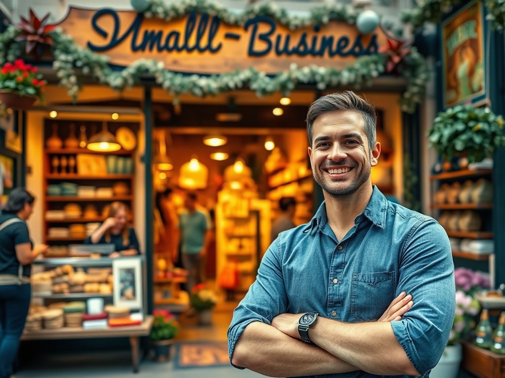 Proprietário de uma pequena empresa de sucesso em frente à sua loja, demonstrando orgulho e confiança.