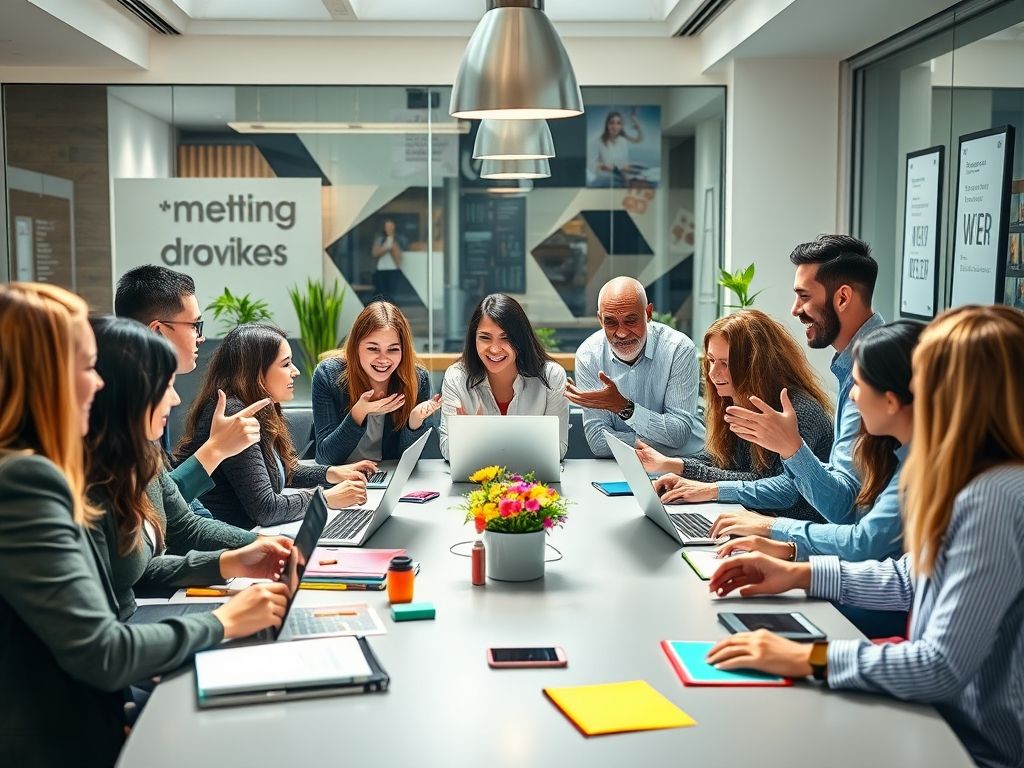 Uma equipe de profissionais diversos colaborando em volta de uma mesa, trocando ideias e trabalhando juntos em laptops. A atmosfera é enérgica e positiva.