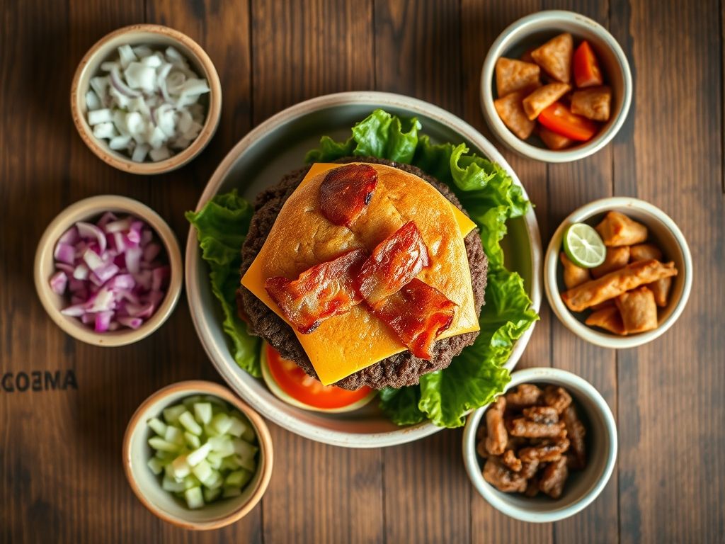 Foto de cima de um hambúrguer caseiro bem arrumado, mostrando cada ingrediente separadamente em pequenas tigelas ao redor do hambúrguer montado.