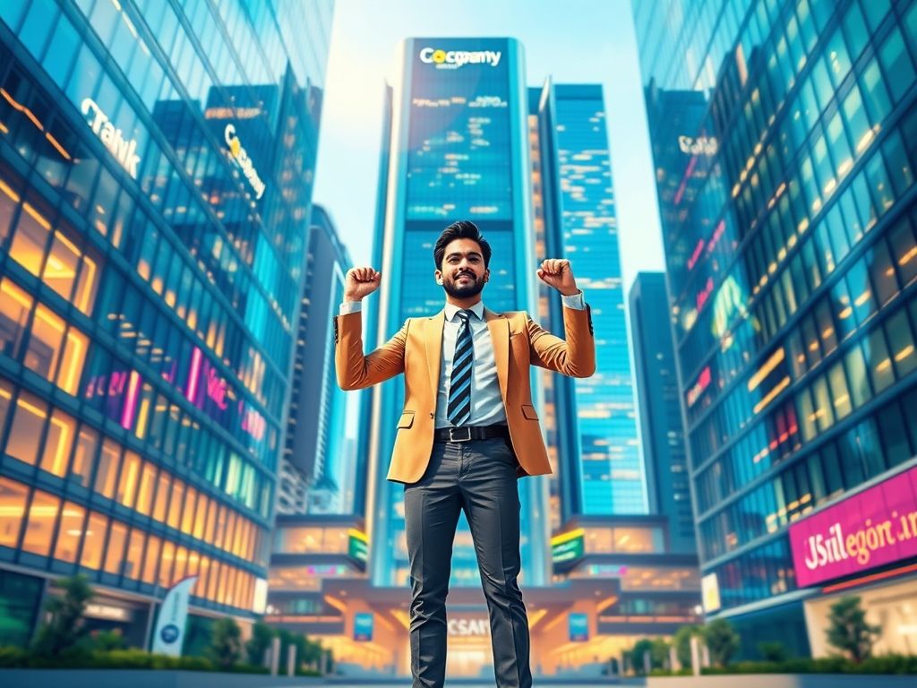 Um empreendedor confiante visualizando o sucesso de sua empresa.