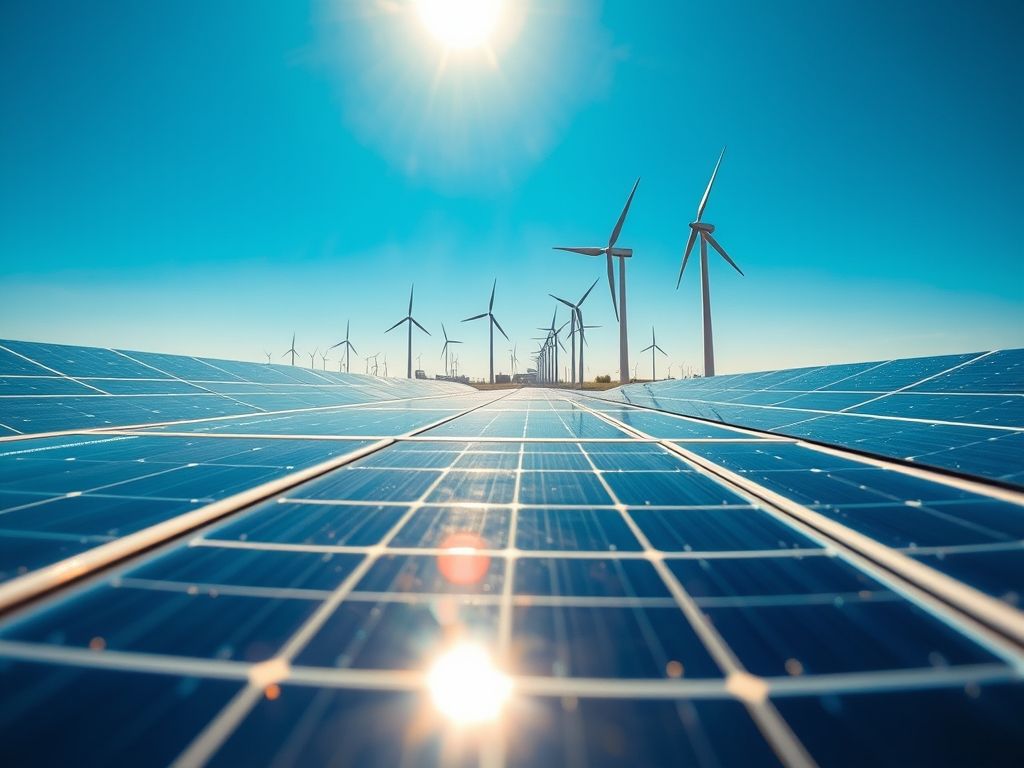 Imagem ilustrativa mostrando painéis solares, turbinas eólicas e uma usina hidrelétrica, representando diversas fontes de energia renovável.