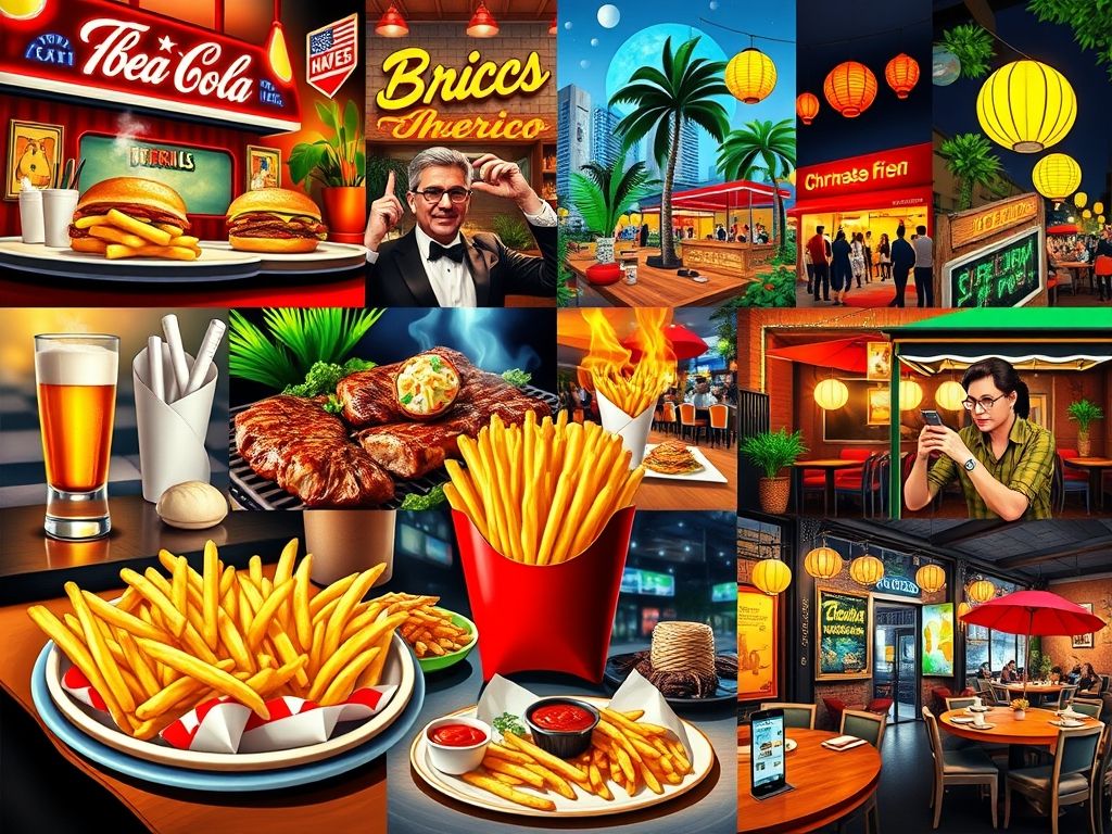 Colagem de imagens mostrando a batata frita em diferentes países: Estados Unidos, Brasil e Ásia, destacando a sua popularidade global.