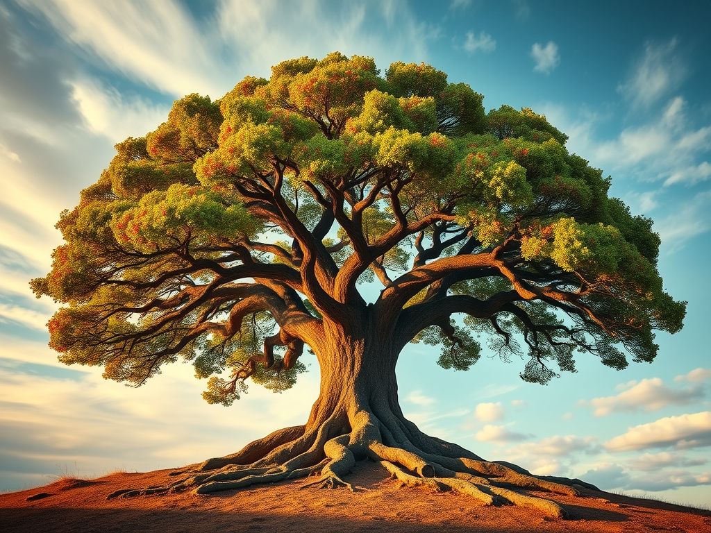 Uma metáfora visual representando a cultura do erro. Imagine uma árvore com raízes representando erros passados, um tronco forte representando os valores centrais da empresa e galhos alcançando o céu com frutos representando inovação e sucesso.